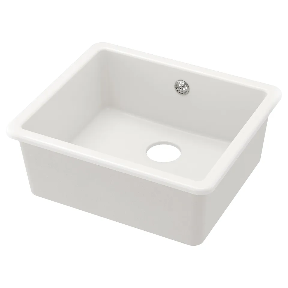 A white, rectangular HAVSEN ceramic kitchen sink with rounded corners and a single drain.