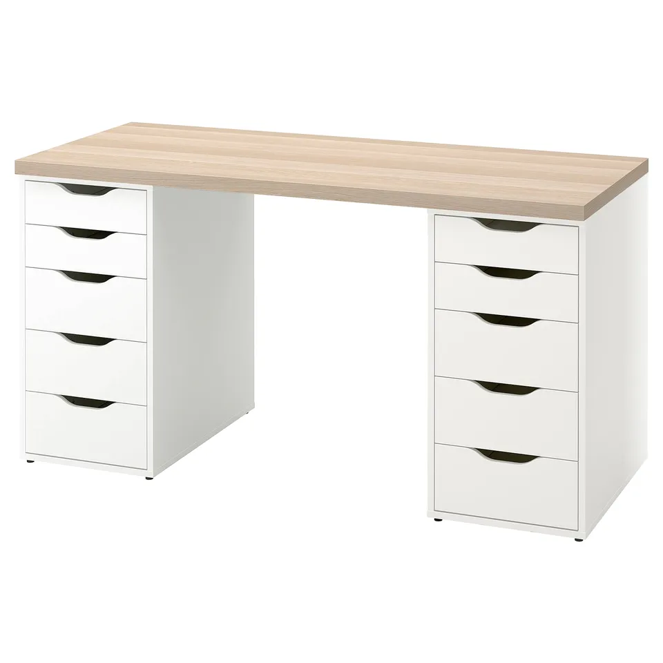 A LAGKAPTEN desk in white with wooden top. It has eight drawers with cut-out handles, providing ample storage in a compact design.
