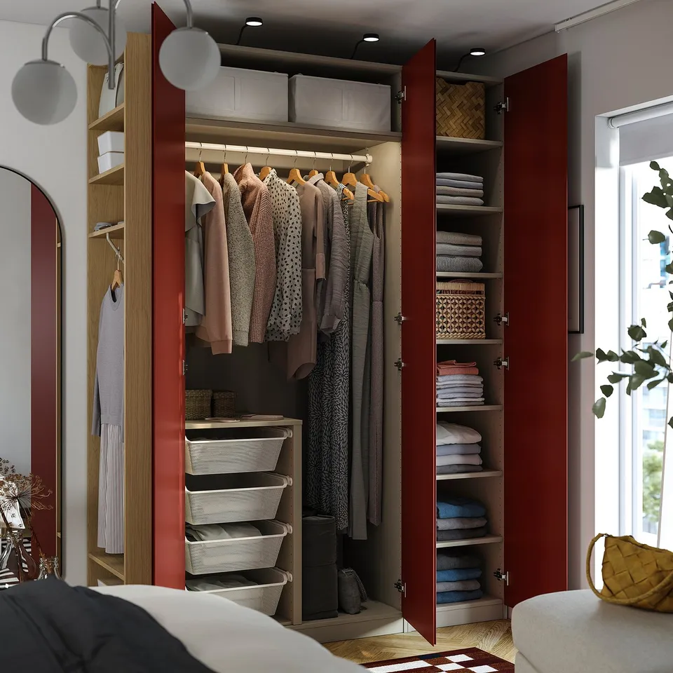 PAX / VIKANES Wardrobe combination, grey-beige/red-brown, 150x60x236 cm