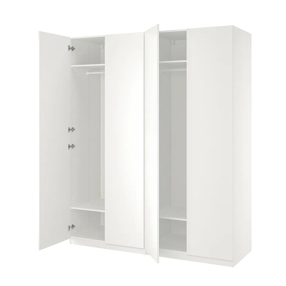 White PAX wardrobe with open doors, showing empty interior. Modern, minimalist design.