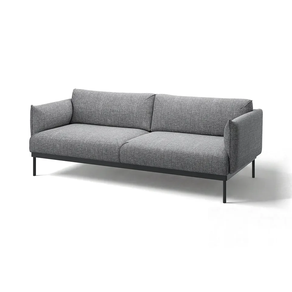 Modern grey fabric sofa with slight texture, black metal legs, simple, clean design, comfy cushions.