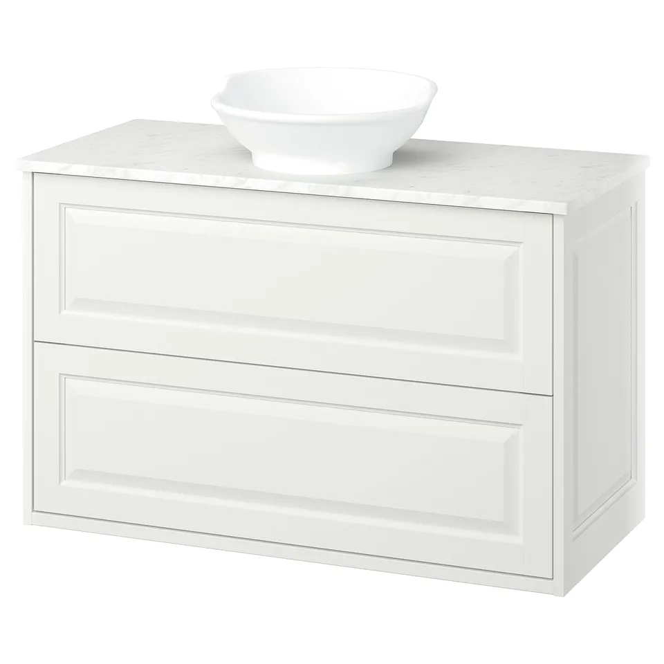 Elegant TÄNNFORSEN white bathroom vanity, marble top, round basin.