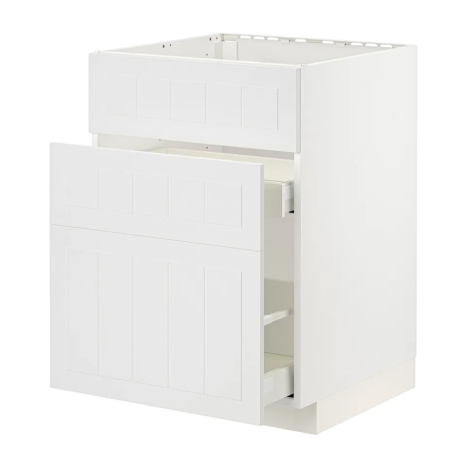 White METOD kitchen cabinet with open drawer; modern, rectangular design.