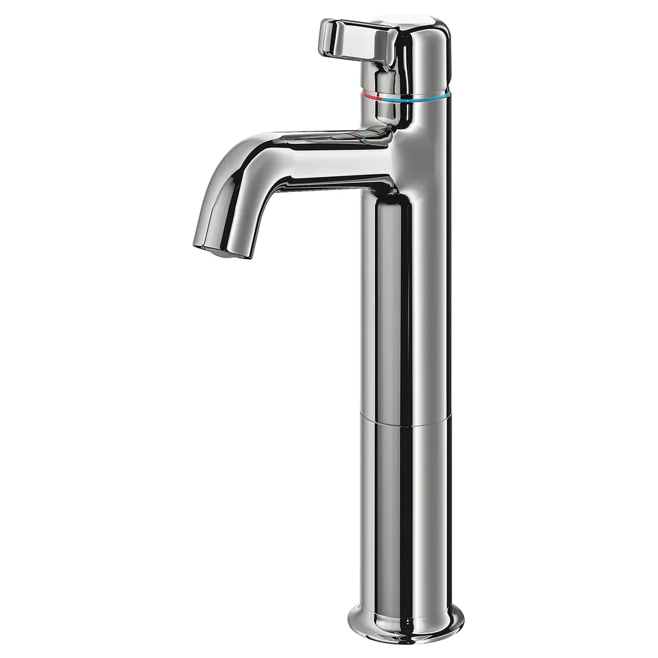 A VOXNAN chrome tap with a modern design, featuring a sleek, tall body and a rectangular handle. Its made of chrome-plated brass.