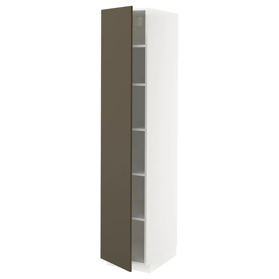 White tall kitchen cabinet with dark brown door, adjustable shelves, sleek design.