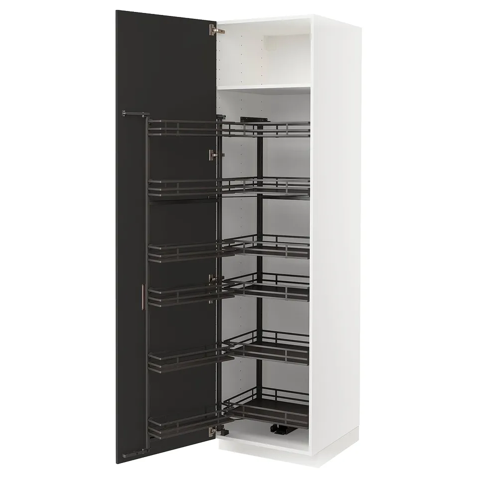 Modern white METOD cabinet with black shelves. Tall, rectangular, pull-out storage.