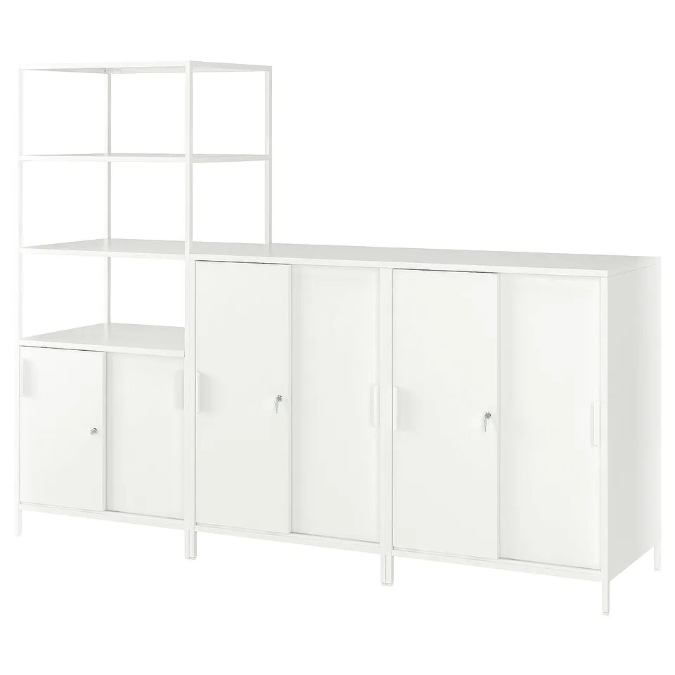 White TROTTEN storage cabinet, double-sided with open and closed storage, metal.