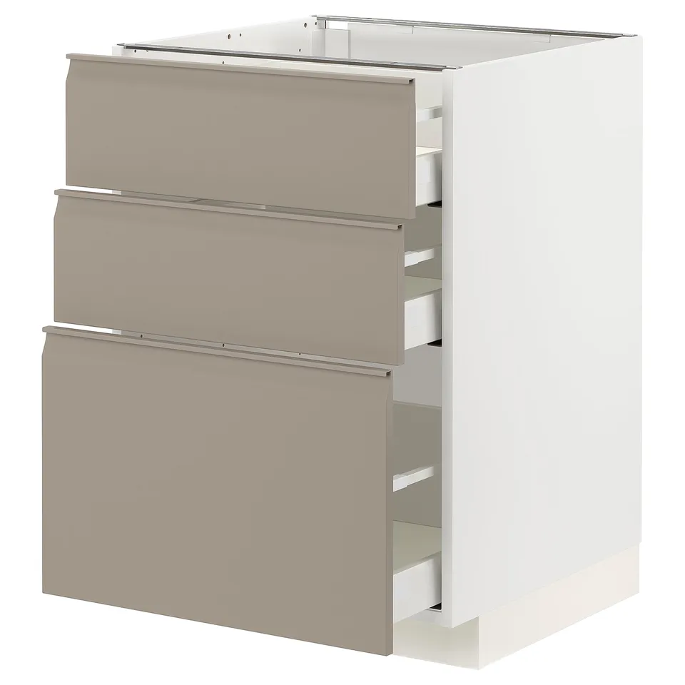 A METOD kitchen cabinet with three beige-gray drawers and a white box frame. Modern, minimalistic design with soft-close drawers.