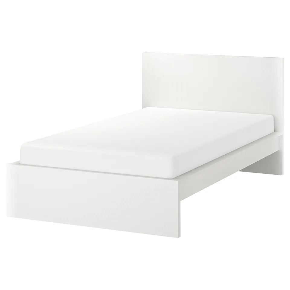Minimalist white MALM bed with high headboard, sleek design, and adjustable sides.