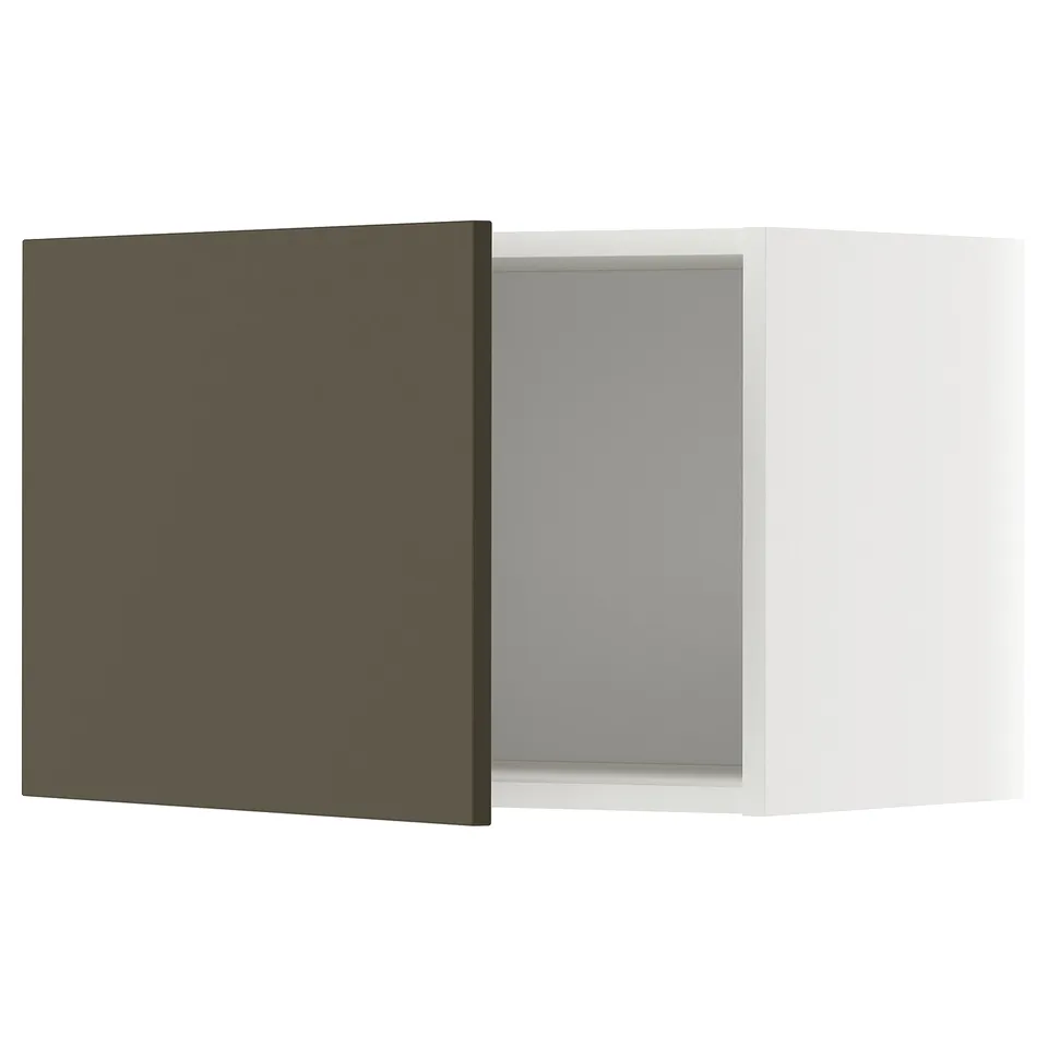 A dark brown kitchen cabinet with a white frame, part of the ikea METOD kitchen system.
