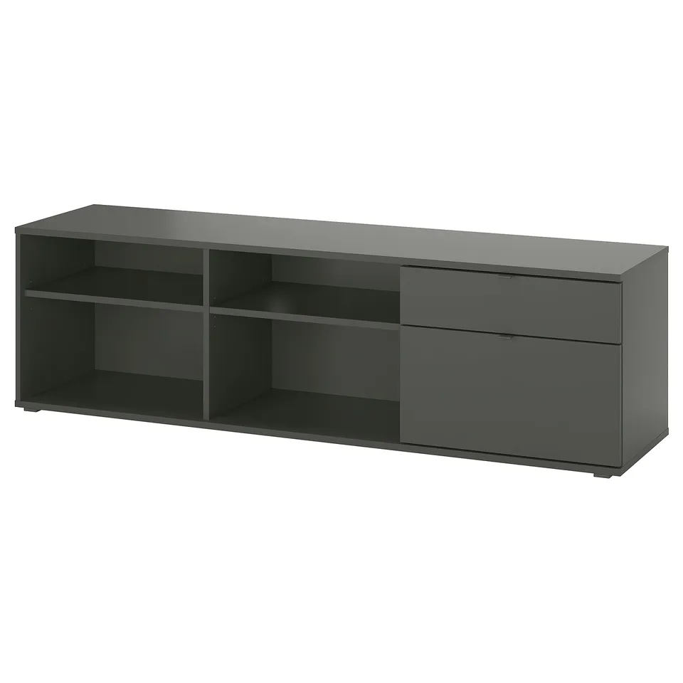VIHALS black tv stand, modern design with 2 drawers and open shelves for cable management.
