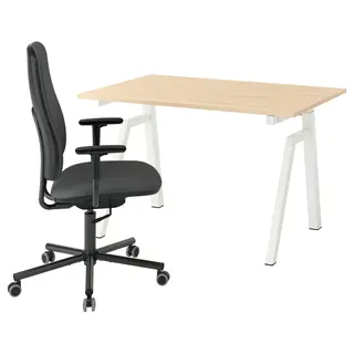 TROTTEN / SMÖRKULL desk and chair, sit/stand electric/ash effect white/dark grey, 120x70 cm