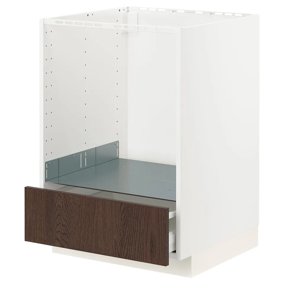 METOD kitchen cabinet, white with dark brown wood drawer, rectangular shape.