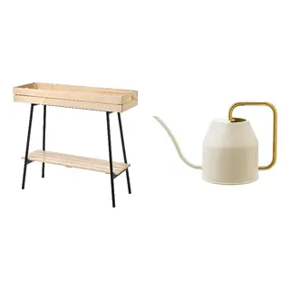 VANILJSTÅNG/VATTENKRASSE set: plant stand + watering can, pine/black + ivory/gold-colour