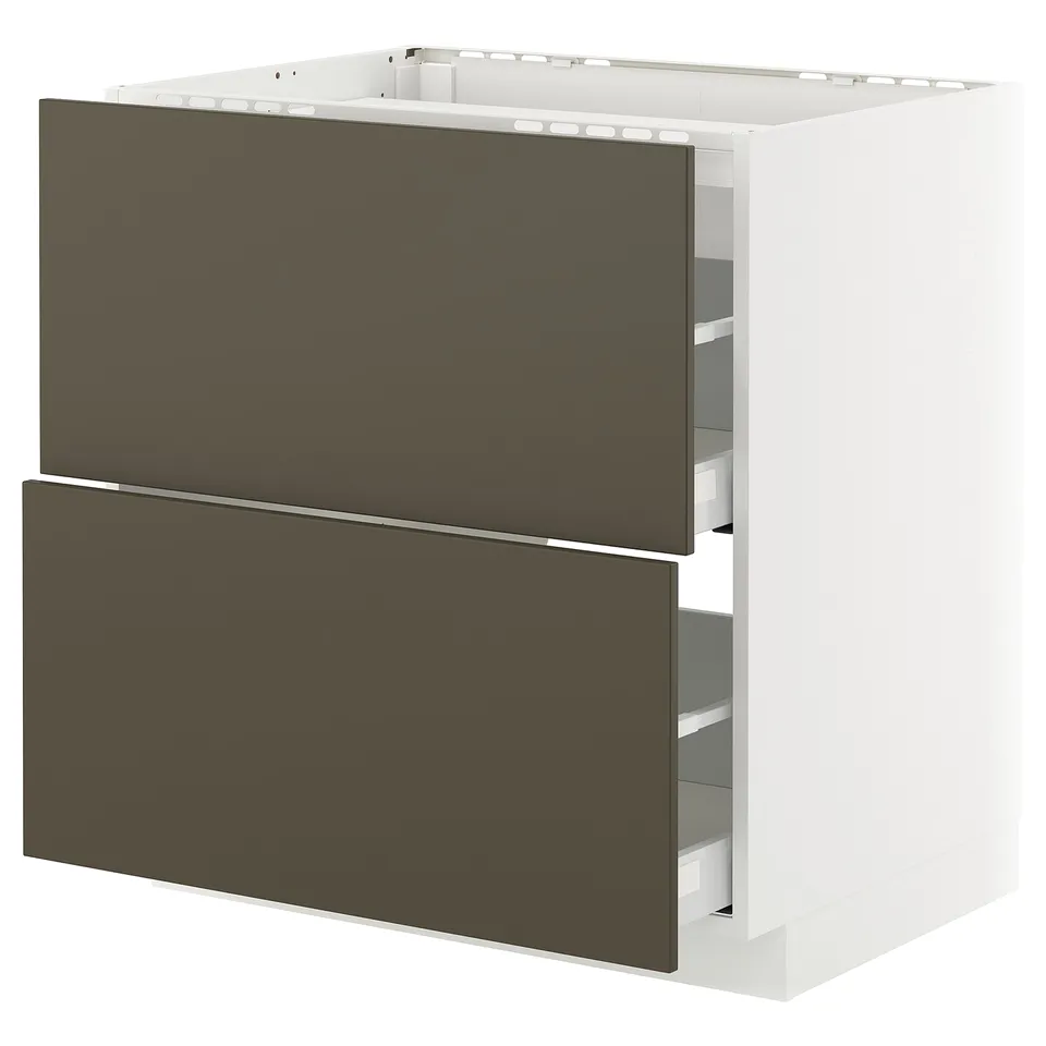 An ikea METOD kitchen cabinet with two dark brown havstorp drawers and a white frame.