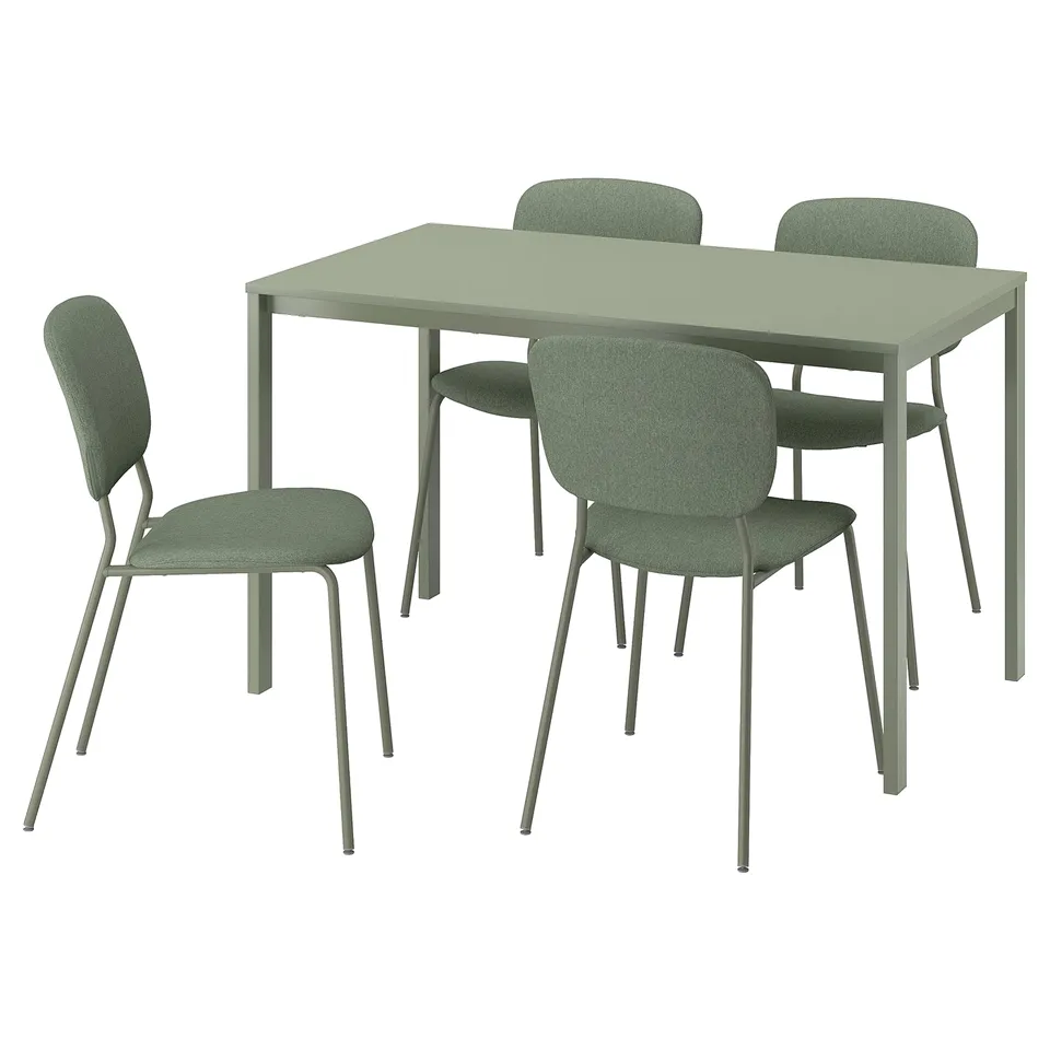 A green VIHALS dining set. It includes a rectangular table and four upholstered chairs with a modern, minimalist design.