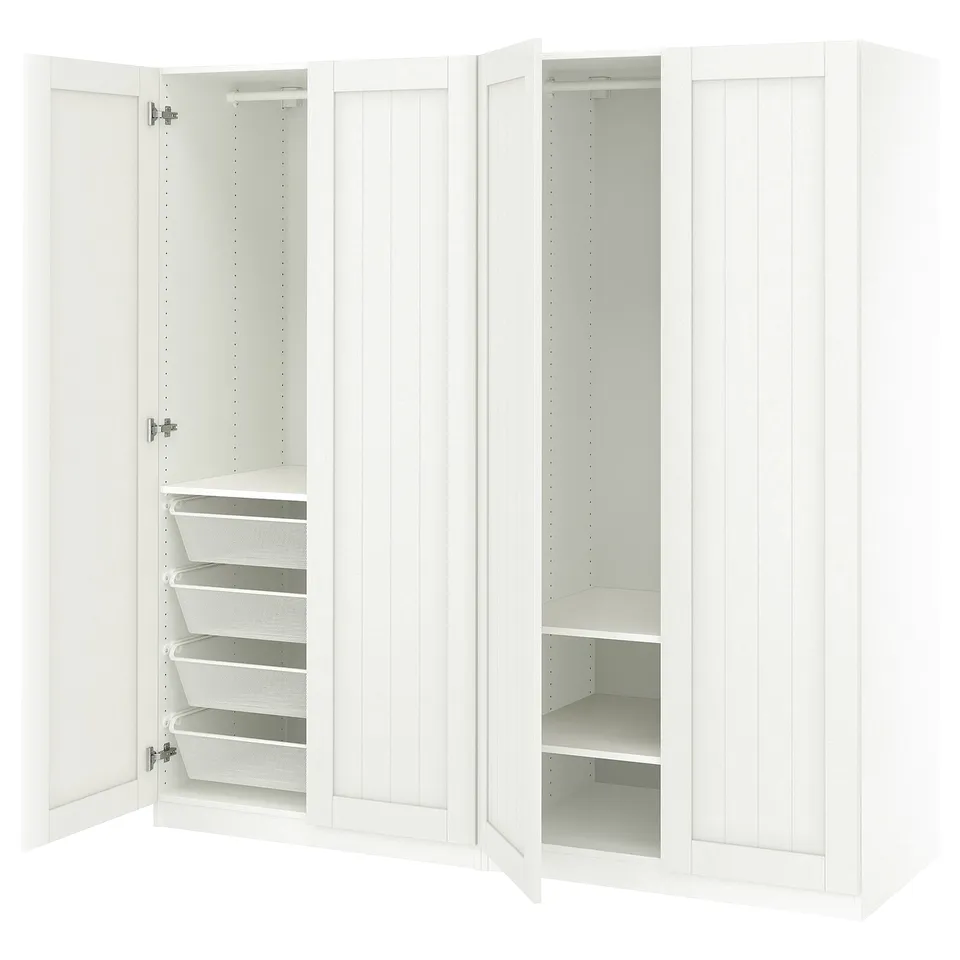 An open white ikea PAX wardrobe with shelves and mesh drawers.