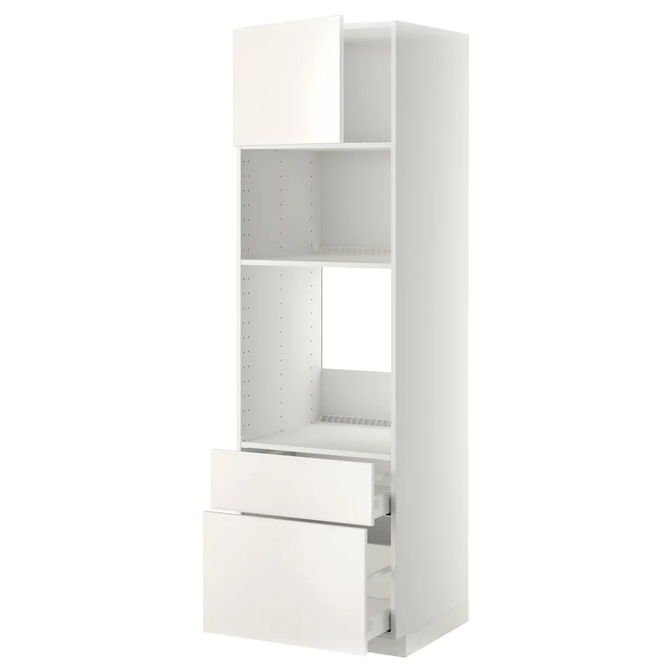METOD kitchen unit in white with 2 drawers and 3 open shelves for storage, sleek and modern design.