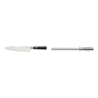 FJÄLLRÖDING/IKEA set: cook's knife + sharpening rod, damascus steel/black + diamond steel stainless steel, 22 cm