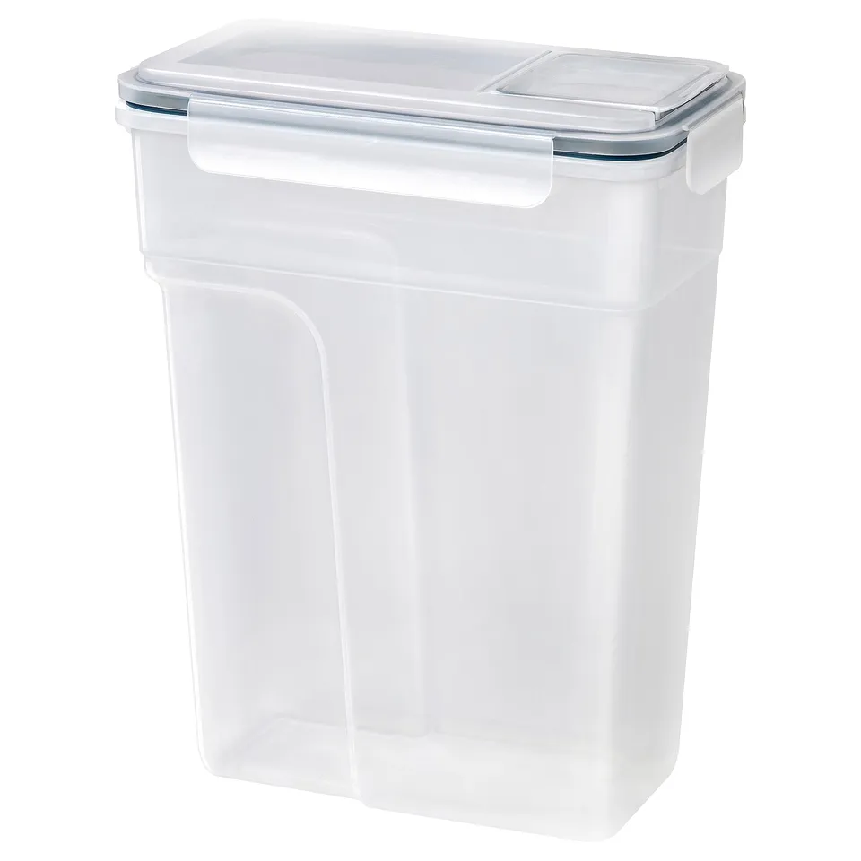 IKEA 365+, clear plastic food storage jar, rectangular, airtight seal, clear lid.
