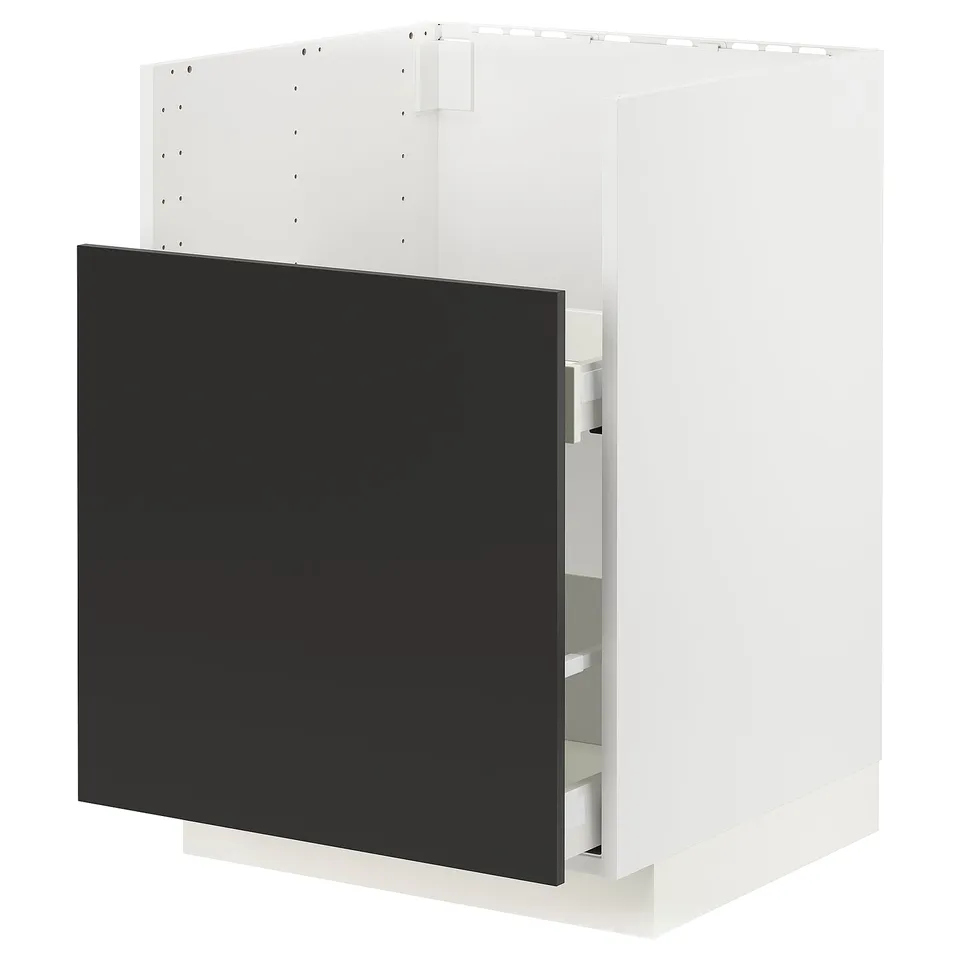Modern kitchen unit: METOD, black nickebo fronts, white frame, square shape, minimalist design.