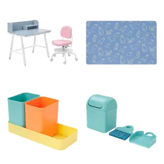 BÖNSYRSA/PIPLÄRKA set: children's desk and chair + desk pad + organiser + cleaning set, blue/light pink + animal pattern + multicolour + turquoise, 80x63 cm
