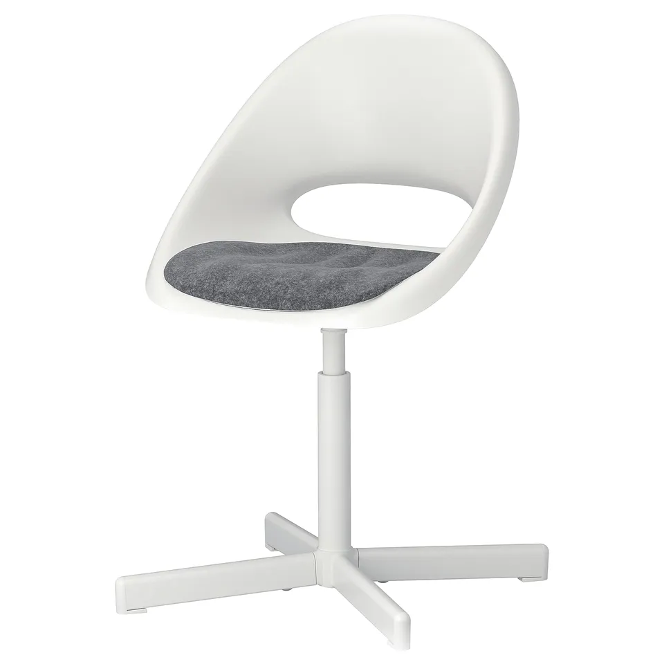 LOBERGET: white kids chair, adjustable height, swivel, modern design, grey seat.