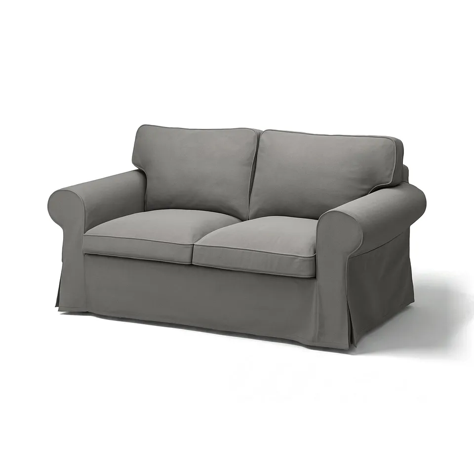 Grey EKTORP loveseat, soft recycled polyester, modern design. Alternatively: EKTORP grey loveseat, recycled fabric, modern style.