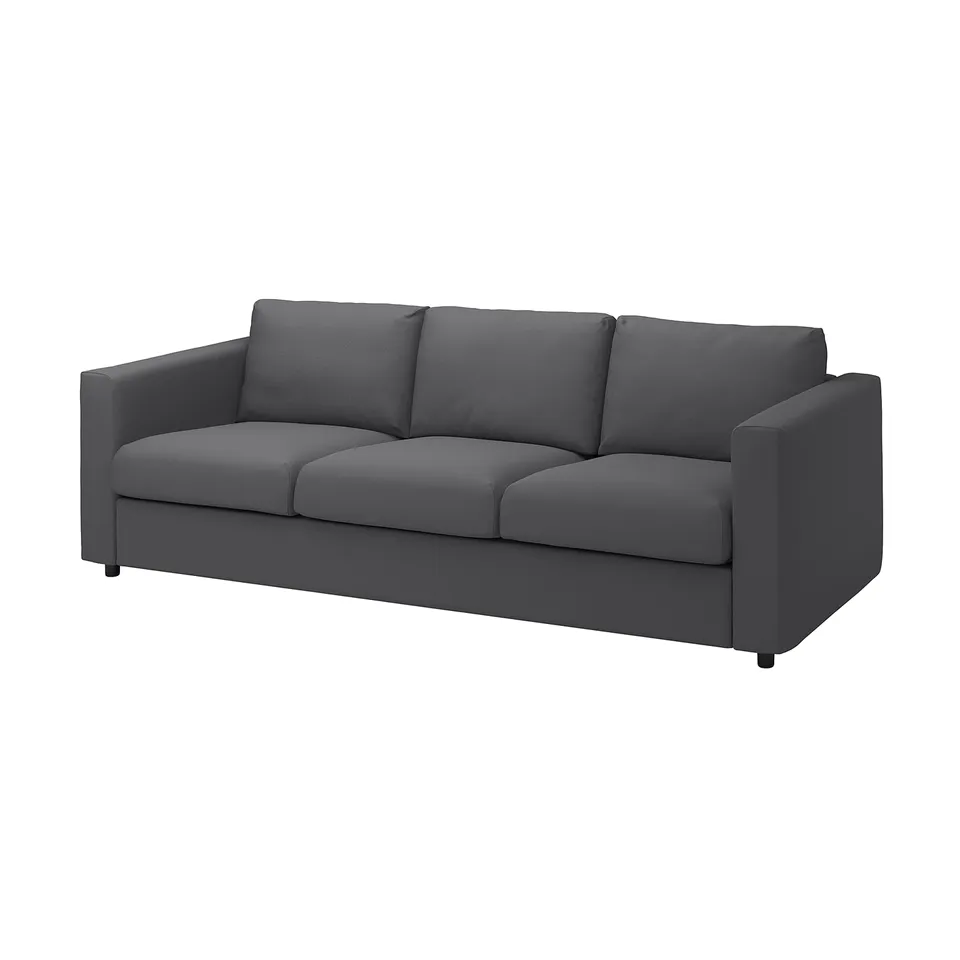 A grey VIMLE 3-seat sofa with a sleek, modern design, featuring clean lines and a comfortable, inviting appearance.