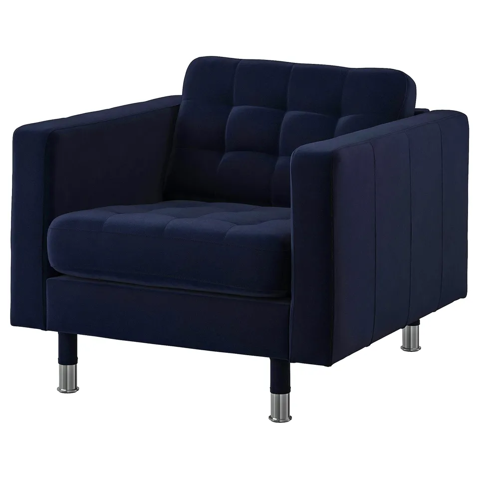 A navy blue LANDSKRONA armchair with tufted upholstery and metal legs.