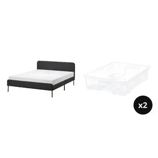 SAMLA/SLATTUM set: upholstered bed frame + box x2, Vissle dark grey + transparent, 150x200 cm