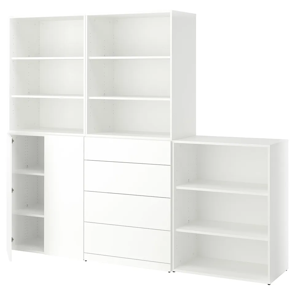 White modular shelves with adjustable feet, fitting together in different configurations.