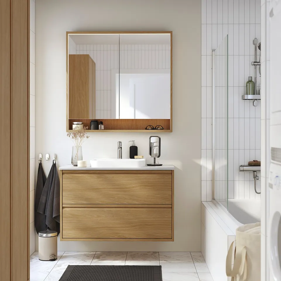 part: FAXÄLVEN mirror cabinet w built-in lighting
