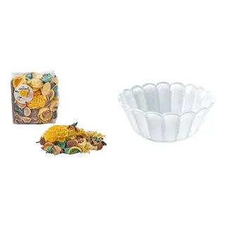 FRÖFINK/SMÅNÄCKROS set: scented potpourri + decorative bowl, Citrus flower yellow + white, 60 g