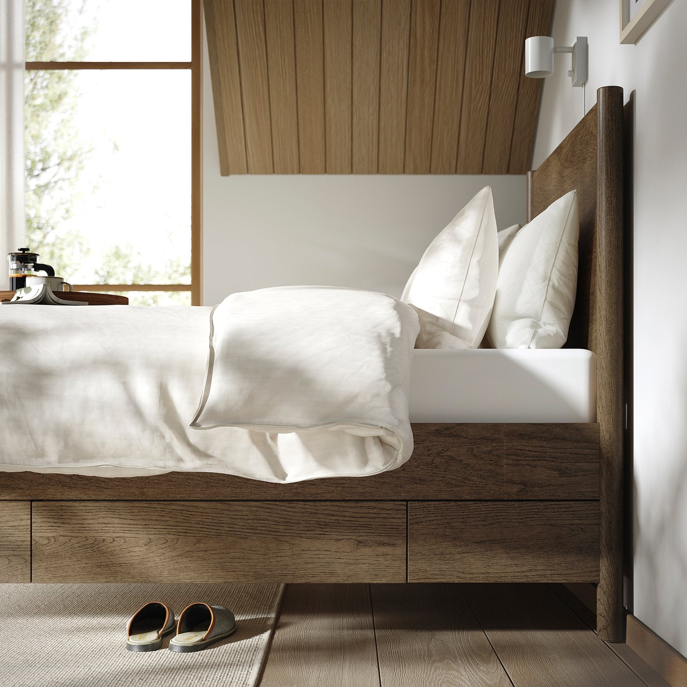 Bedroom featuring TONSTAD bed with drawers, slatted base, and wall lamp.
