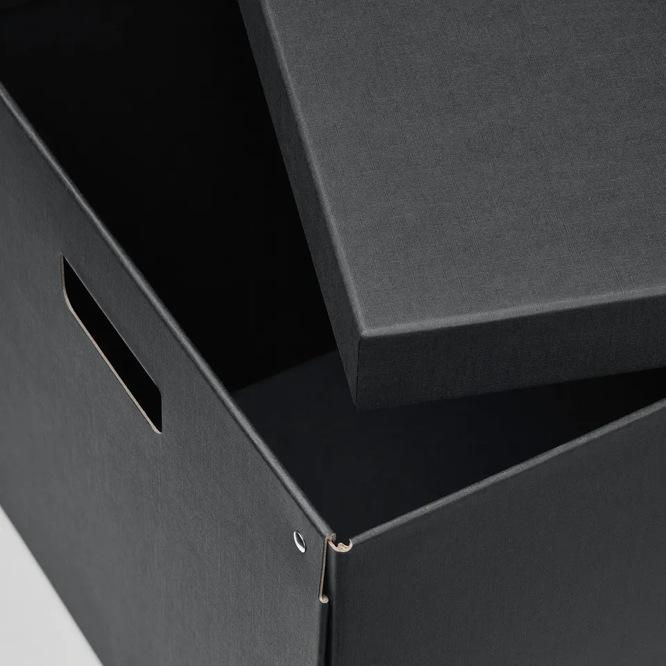 Black cardboard box, sturdy construction, cut-out handles, fits kallax shelves.
