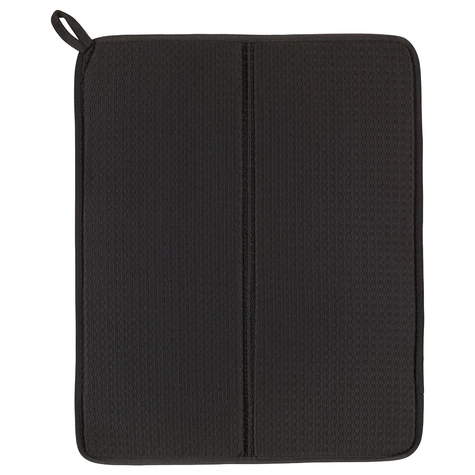 Black NYSKÖLJD drying mat, rectangular with loop handle, made of recycled polyester.