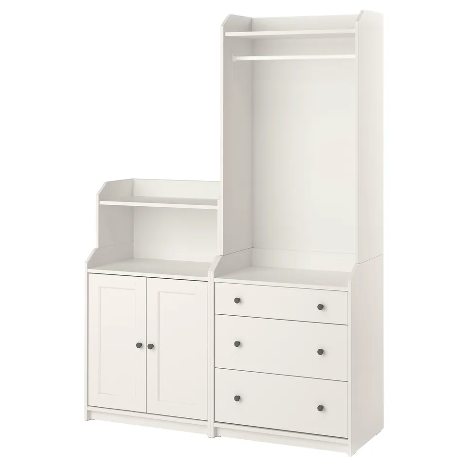 White HAUGA storage combo: wardrobe, cabinet, drawers. Classic, minimalist style.