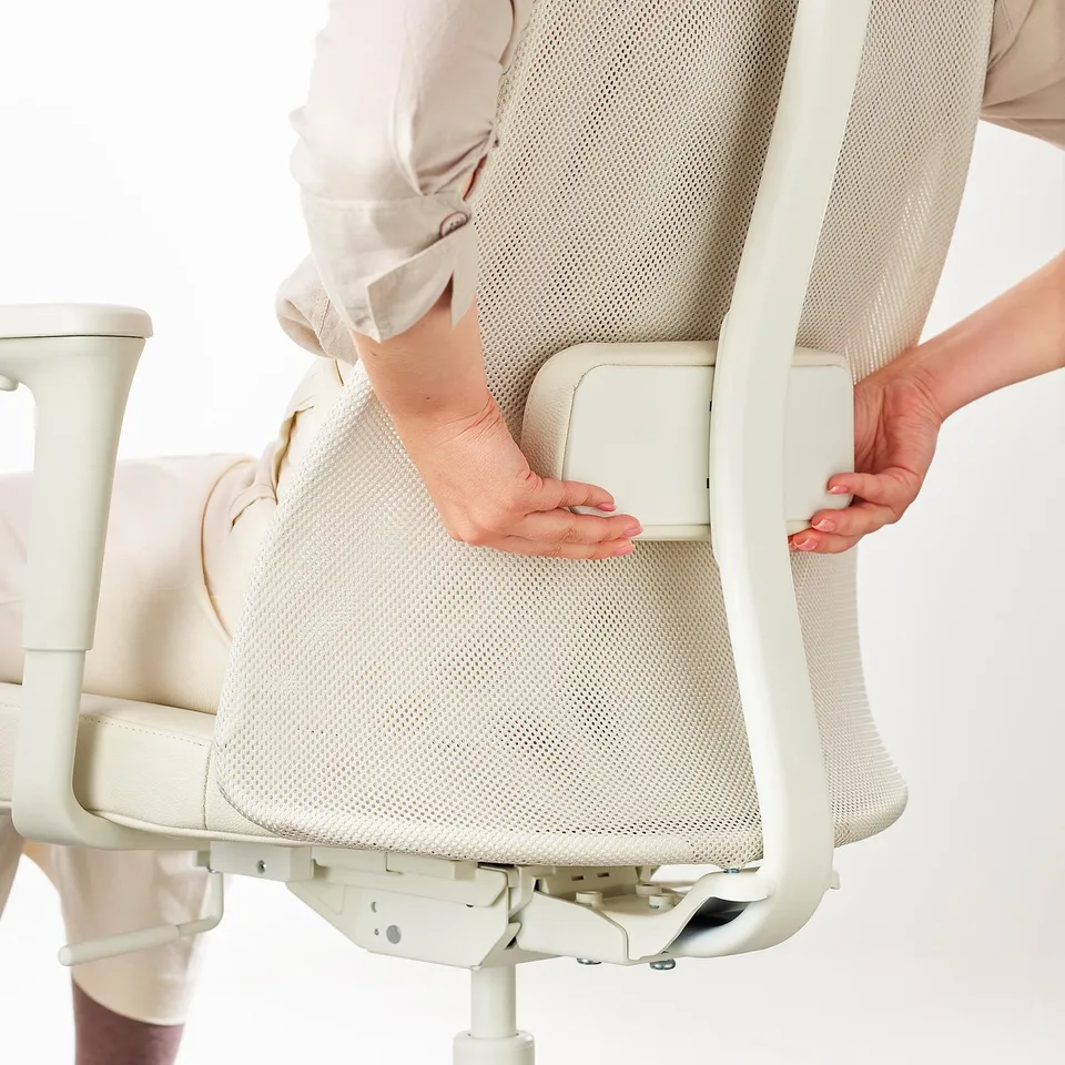 Adjustments. Seen here: lumbar support & seat height. Ensures comfort & proper posture.