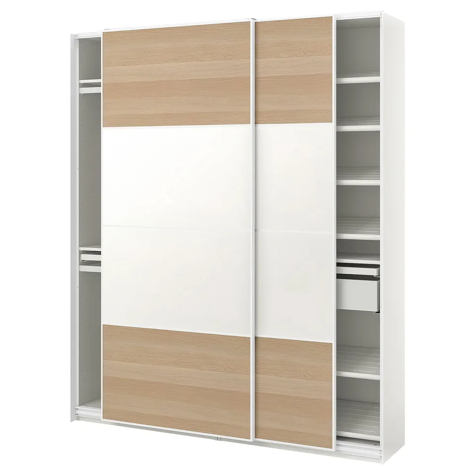 White & oak wardrobe: PAX. Sliding doors, shelves, modern, large storage.