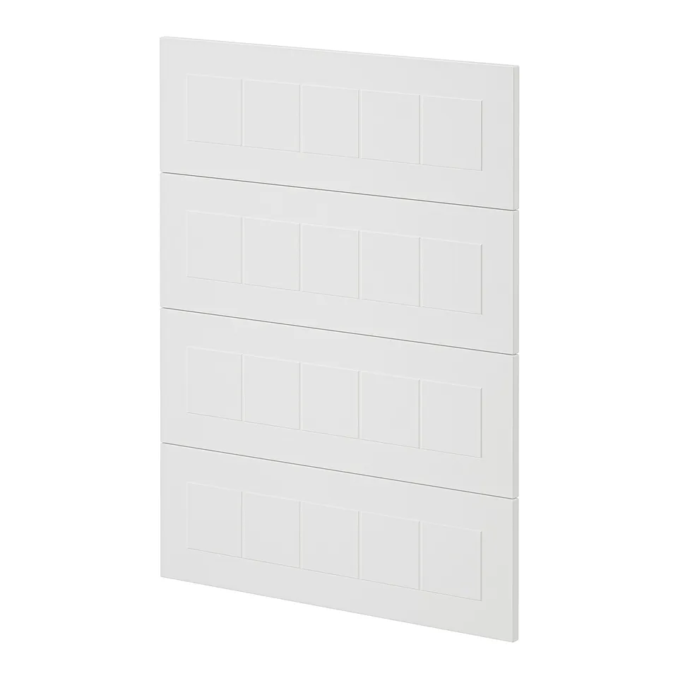 White METOD kitchen cabinets with stensund fronts, rectangular design, six squares per row.