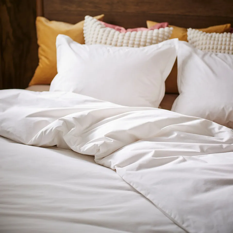 Crisp white bedding set on wooden headboard, showcasing high-quality cotton textures and elaborate pillow designs.