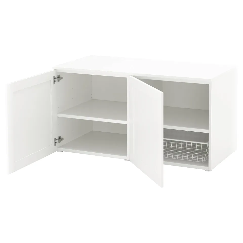 White PLATSA storage unit, two doors open revealing shelves. Minimalist, modern design in white.