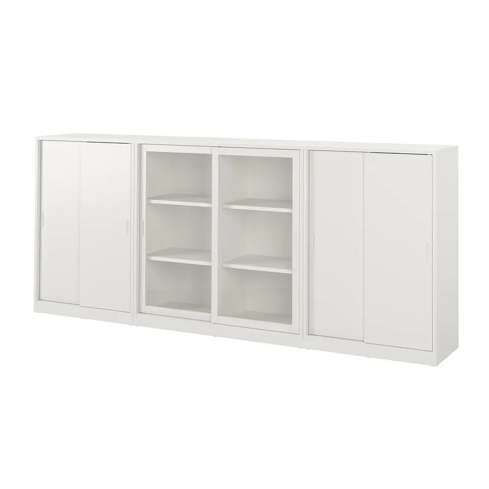 White TONSTAD storage unit with sliding doors and shelves.