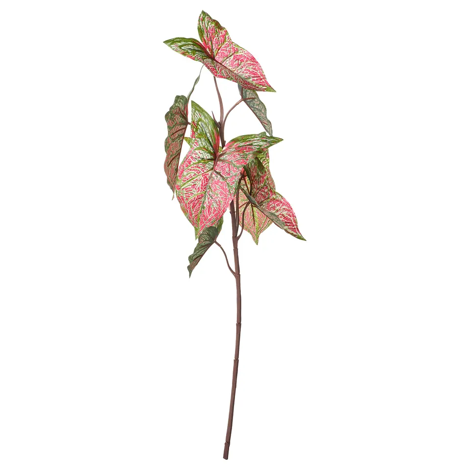 SMYCKA: bright pink and green artificial flower with brown stem, realistic leaves, recycled plastic material, vibrant colours, detailed veining.