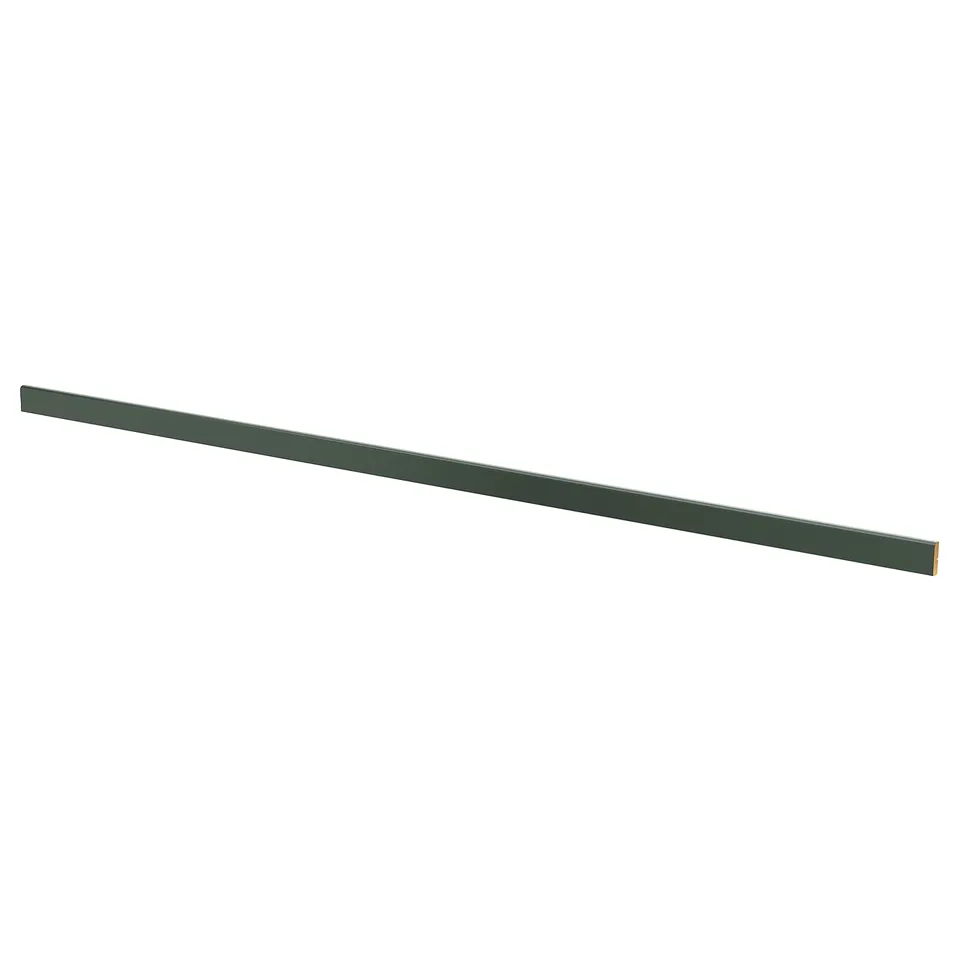 Green kitchen cabinet hides lighting and cords.