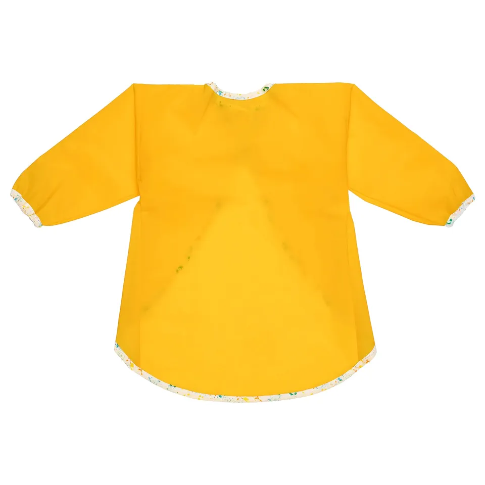 Bright yellow childrens art smock, long sleeves, floral trim edges, waterproof, protective.
