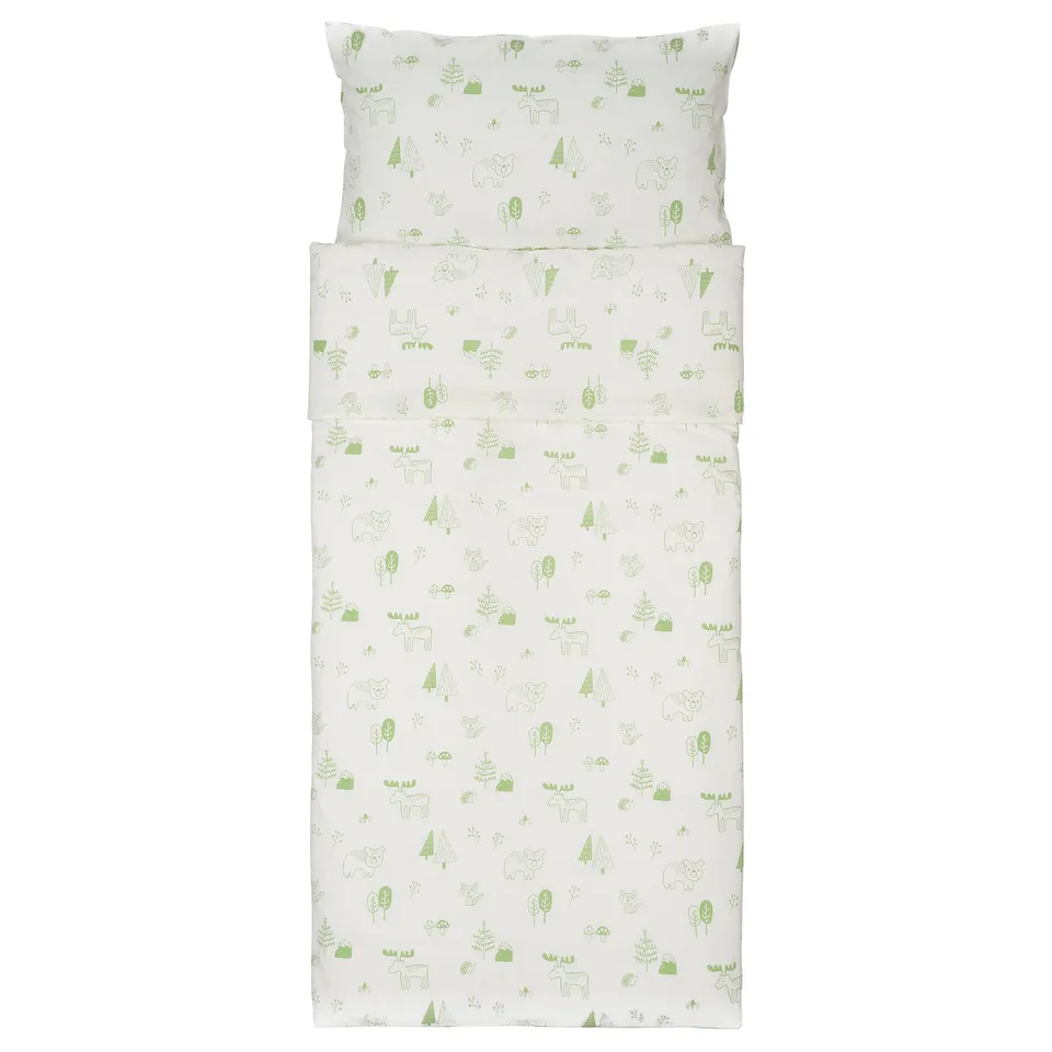 BARNDRÖM Duvet cover and pillowcase, white green/forest, 150x200/50x80 cm