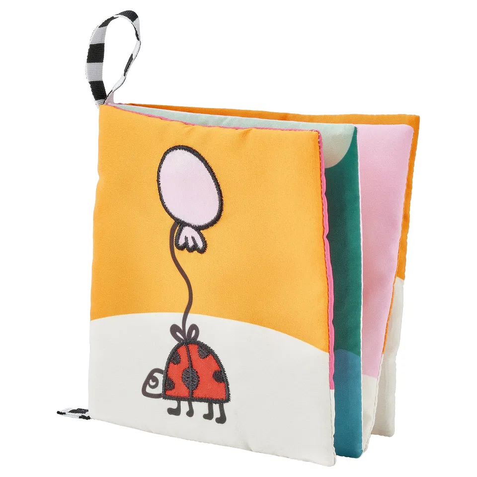 GRÖNFINK play book, yellow-orange, fabric, square, ladybird, balloon design, soft.