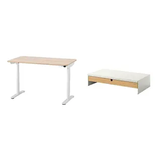 BOLLSIDAN/ELLOVEN set: desk sit/stand + monitor stand with drawer, electric white stained oak effect/white + white, Width 120 x Depth 70 cm